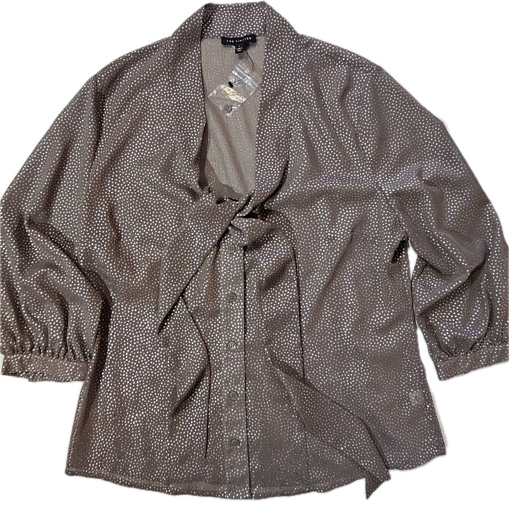The Limited Shirt Womens Large‎ Brown Polka Dot Tie Neck 3/4 Sleeve Blouse
